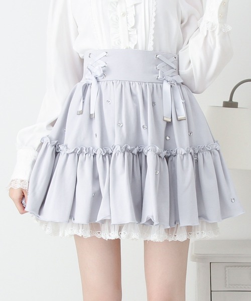 DearMyLove スカート レースアップフリルハートビジュードットスカート
