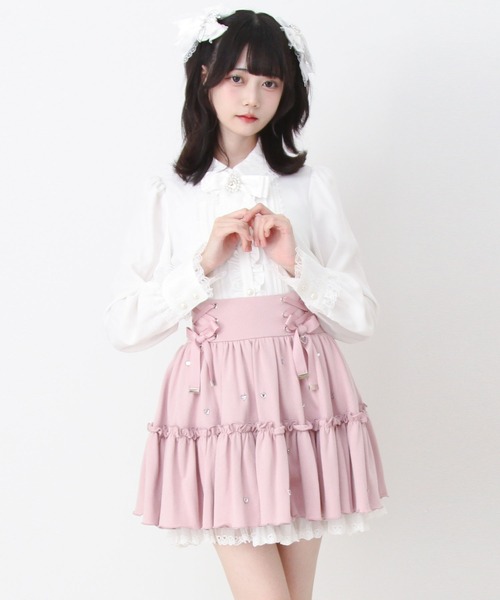 DearMyLove スカート レースアップフリルハートビジュードットスカート