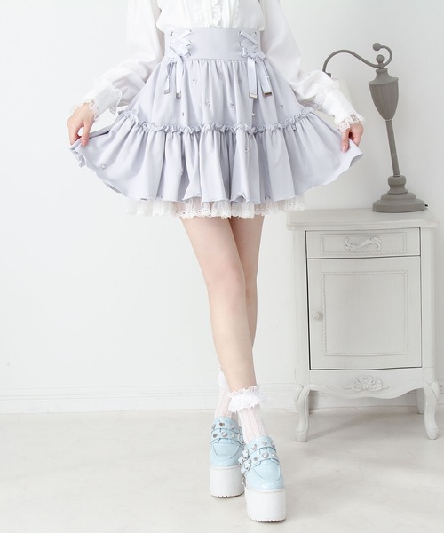 DearMyLove スカート レースアップフリルハートビジュードットスカート