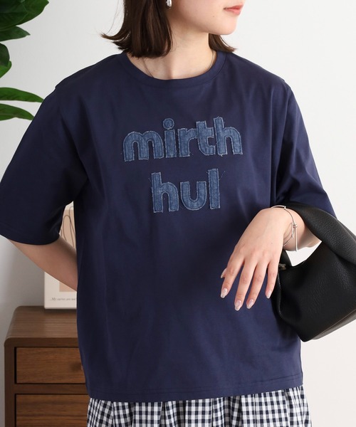 tシャツ EGLANTINE デニム加工ロゴ 半袖カットソー レディース