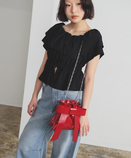 【ほぼ未使用】Ray BEAMS リボン ショルダーバッグ レッド Ray BEAMS ショルダーバッグ バッグ リボン チェーン レディース