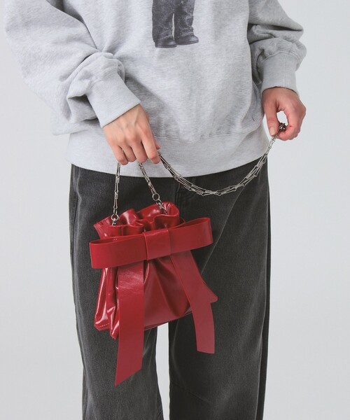 Ray BEAMS リボンチェーンバッグ　レッド Ray BEAMS（レイ ビームス） ショルダーバッグ バッグ リボン チェーン