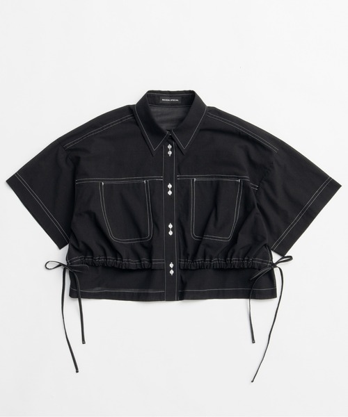 MAISON SPECIAL 黒 半袖ブラウス MAISON SPECIAL ブラウス シャツ Color Stitch Short Shirt