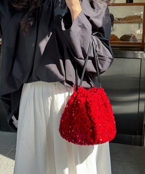 美品 nowos スパンコール 刺繍 巾着 ショルダーバッグ ReRe ショルダーバッグ バッグ スパンコール巾着ショルダーバッグ