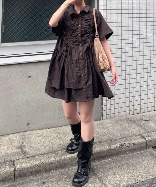 tシャツ ギャザーリボンワンピース レディース