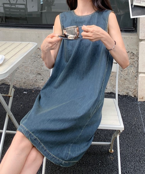 ワンピース　ドッキングワンピース　フリンジデニム袖 ドッキングデザインテンセルデニムワンピース｜メドックの通販