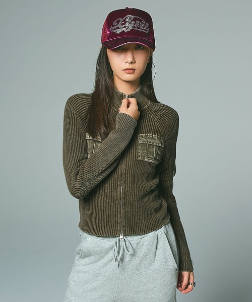 X-girl（エックスガール） ニット セーター FADED WOVEN MIX ZIP UP