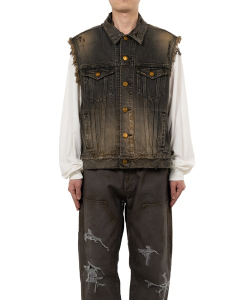 ベスト ジレ Embroidered Denim Vest メンズの画像