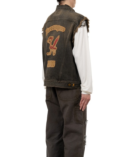 ベスト ジレ Embroidered Denim Vest メンズの画像