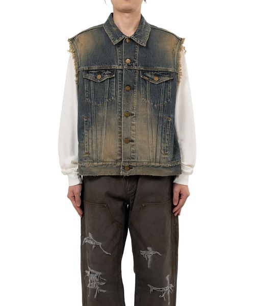 ベスト ジレ Embroidered Denim Vest メンズの画像
