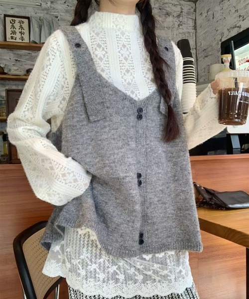 AsheKsha ベスト ジレ 「新作」カレッジ風ニットサスペンダーベスト