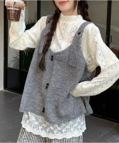 AsheKsha ベスト ジレ 「新作」カレッジ風ニットサスペンダーベスト
