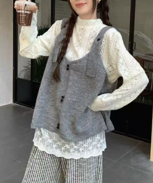 AsheKsha ベスト ジレ 「新作」カレッジ風ニットサスペンダーベスト
