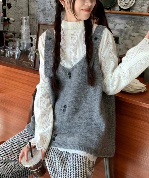 AsheKsha ベスト ジレ 「新作」カレッジ風ニットサスペンダーベスト