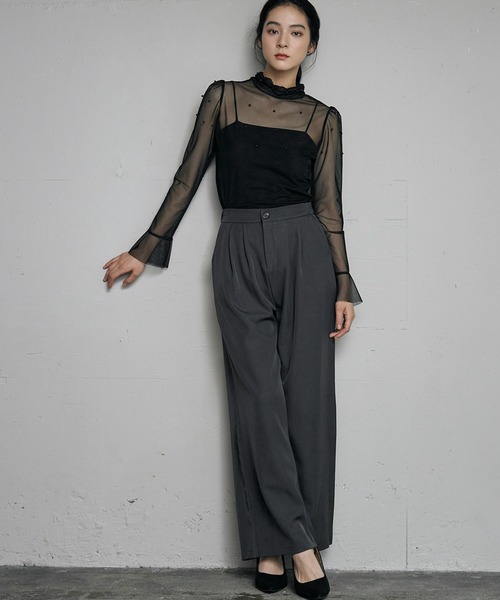LOWO tシャツ シアーカットソー 長袖 レディース きれいめ ハイネック