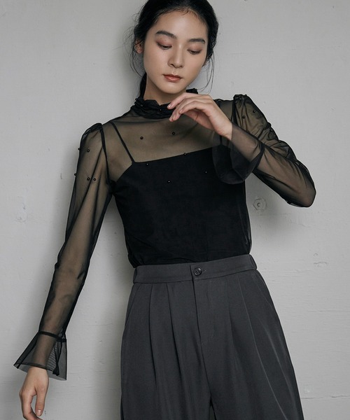 LOWO tシャツ シアーカットソー 長袖 レディース きれいめ ハイネック