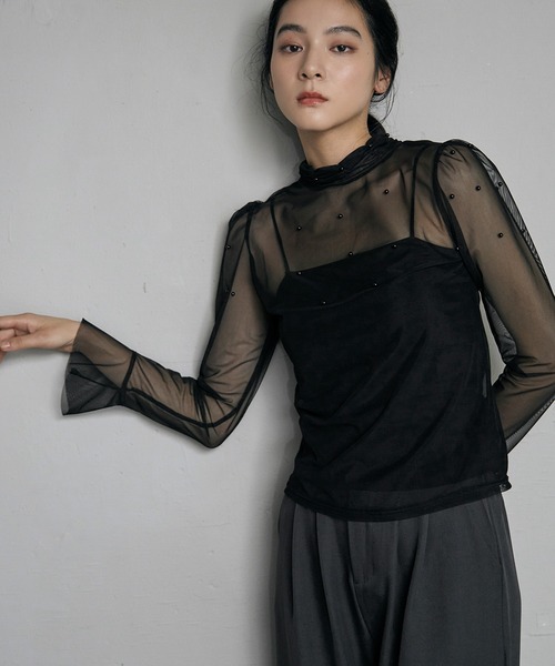 LOWO tシャツ シアーカットソー 長袖 レディース きれいめ ハイネック