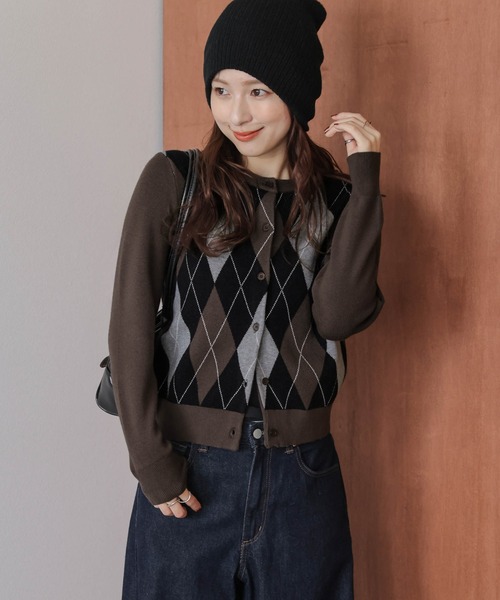 トップス Sugar knit cardigan AH0016 SUGAR BISKET（シュガービスケット） カーディガン アーガイル柄ニット