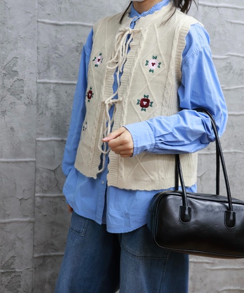 45R ギマツイード フラワー刺繍 ベスト ジレ 袖装飾 45R ギマツイード フラワー刺繍 ベスト ジレ 袖装飾 V1189441
