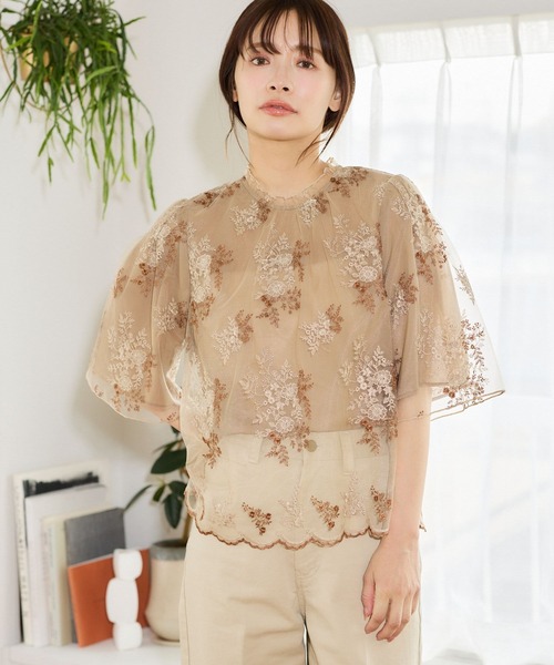 mysty woman（ミスティウーマン） ブラウス シャツ フローラルラメ刺繍