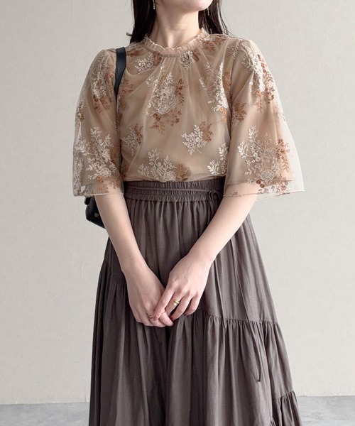 【美品】MURRAL ミューラル　刺繍　シャツ ブラウス レディース　ss mysty woman（ミスティウーマン） ブラウス シャツ フローラルラメ刺繍