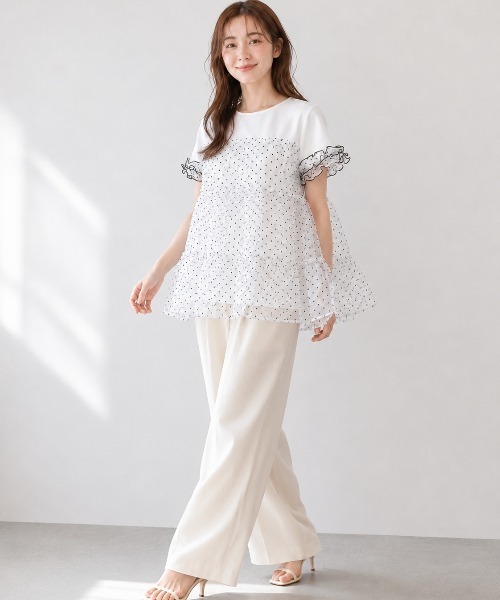 Lateru tシャツ 半袖 水玉ティアードチュールトップス フリル半袖 T