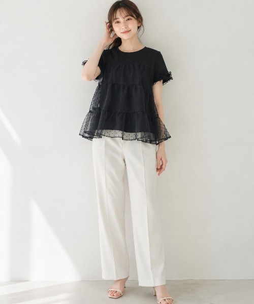 Lateru tシャツ 半袖 水玉ティアードチュールトップス フリル半袖 T