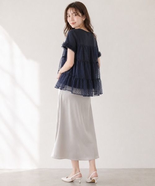 Lateru tシャツ 半袖 水玉ティアードチュールトップス フリル半袖 T