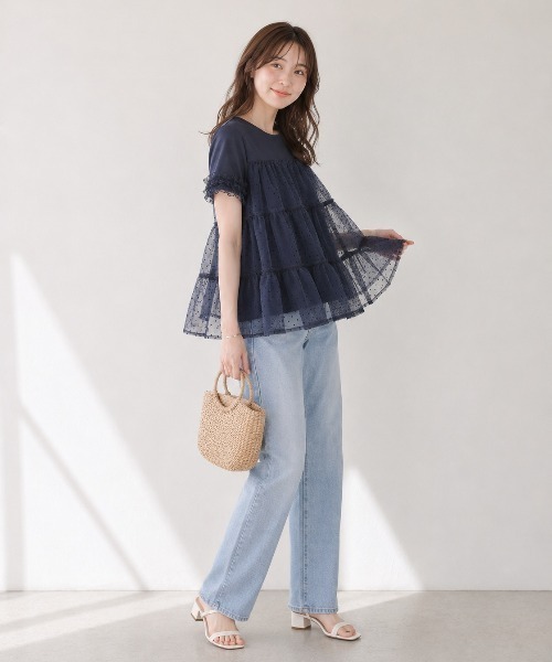 Lateru tシャツ 半袖 水玉ティアードチュールトップス フリル半袖 T