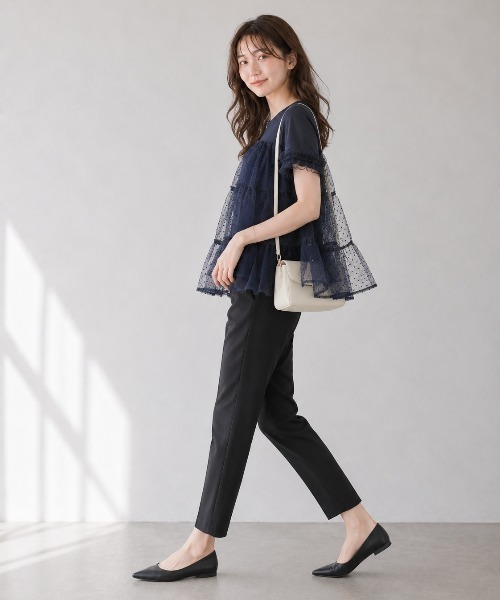 MUVEIL Lサイズ　チュールフリル 半袖Tシャツ ネイビー Lateru tシャツ 半袖 水玉ティアードチュールトップス フリル半袖 T
