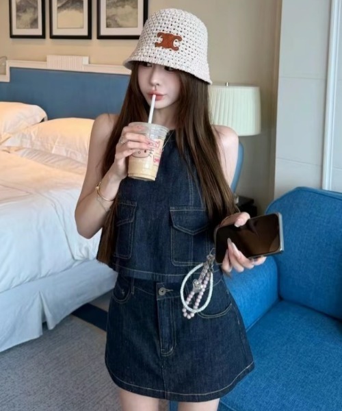 FAVORITO セットアップ デニムノースリーブトップスショートスカート