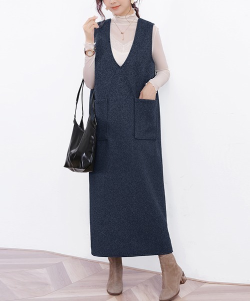 ジャンパースカート パイピング深Vネックジャンパースカート