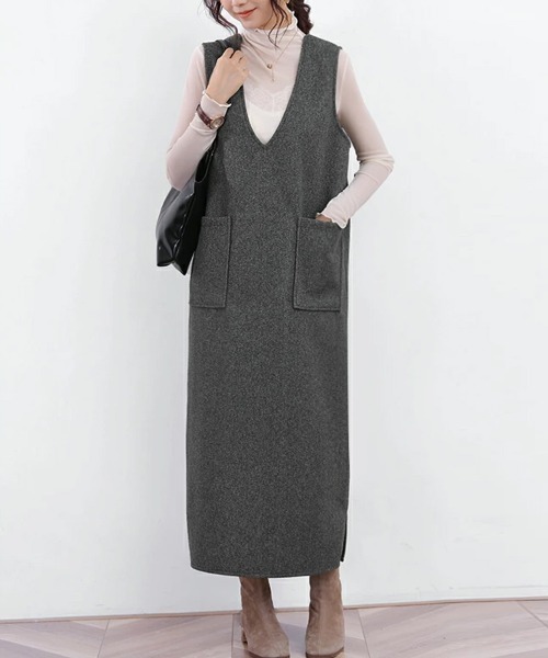 ジャンパースカート パイピング深Vネックジャンパースカート