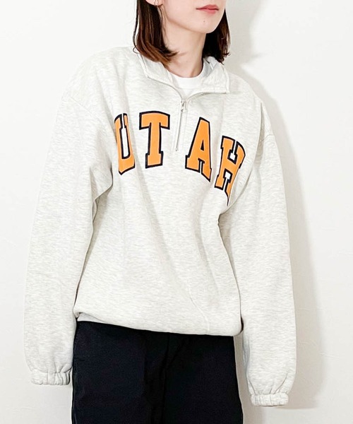 トレーナー スウェット ロゴ裏起毛ハーフZIPスウェット レディース