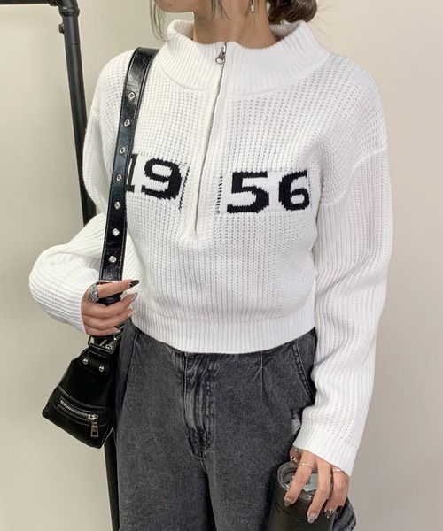 レディース ニット ショート丈 non-hedge ニット セーター ハーフジップロゴショート丈トップス