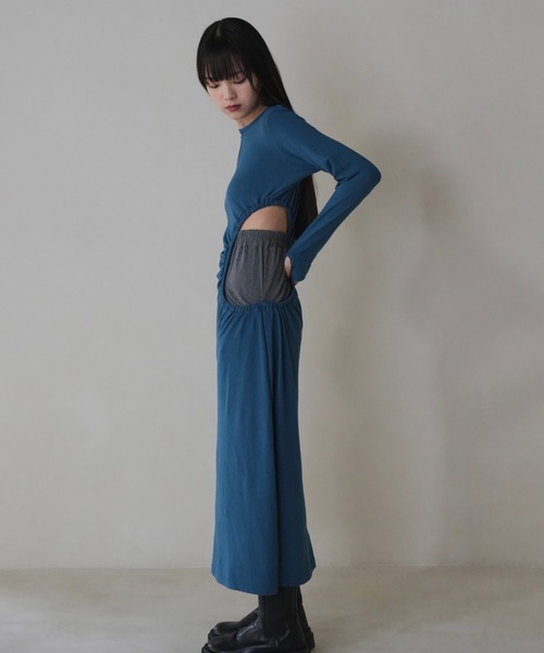 Uenui ワンピース カットアウト ホール 長袖 肌見せ ロングワンピース  