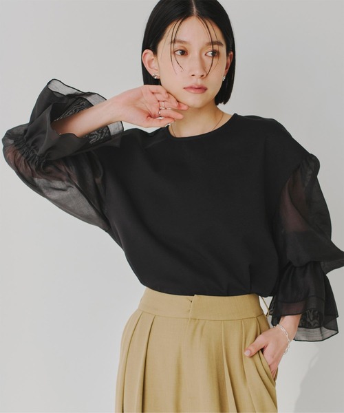 tシャツ ボリュームスリーブドッキングプルオーバー レディース titivate tシャツ シアーボリュームスリーブドッキングプル