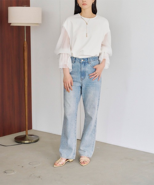 tシャツ ボリュームスリーブドッキングプルオーバー レディース titivate tシャツ シアーボリュームスリーブドッキングプル