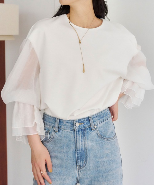 tシャツ ボリュームスリーブドッキングプルオーバー レディース titivate tシャツ シアーボリュームスリーブドッキングプル