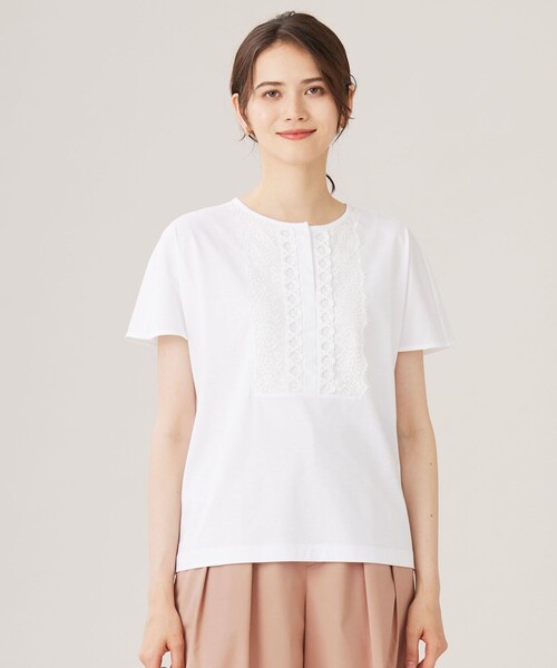tシャツ コード刺繍胸元レース カットソー レディース