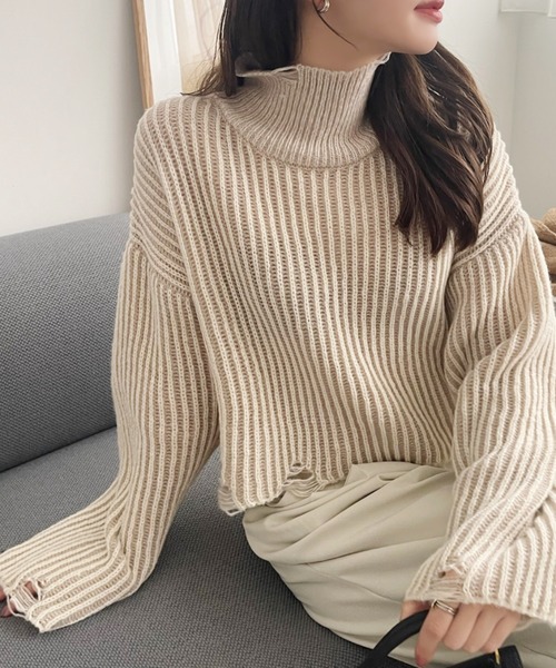 Ada. ニット セーター 配色リブハイネッククロップド ニット