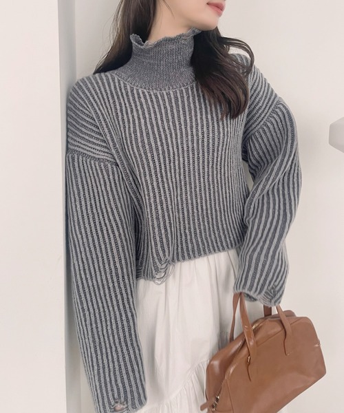 Ada. ニット セーター 配色リブハイネッククロップド ニット