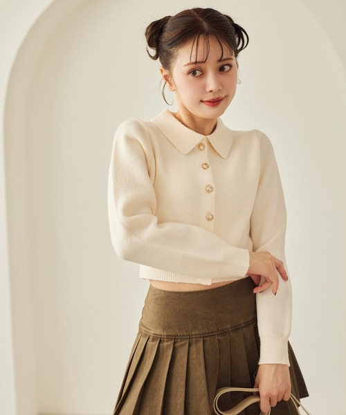 one after another NICE CLAUP ニット ゴールドボタンもちもち衿ニット
