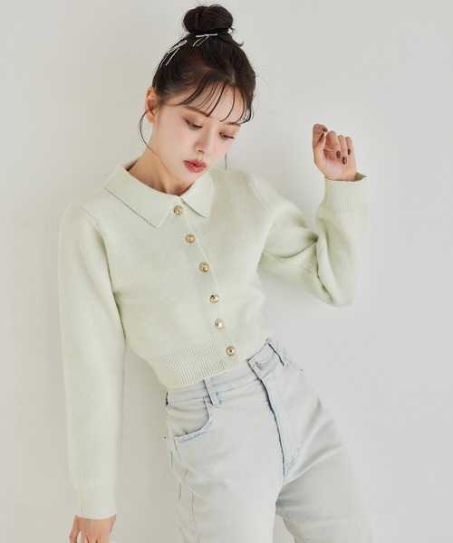 one after another NICE CLAUP ニット ゴールドボタンもちもち衿ニット