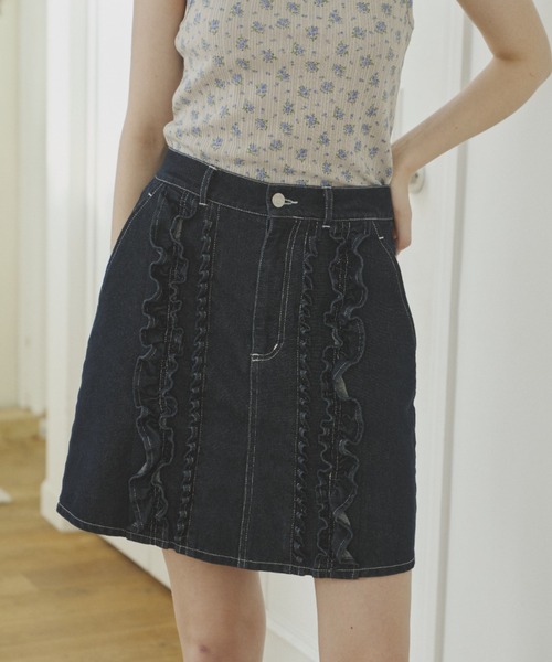 デニムスカート frill denim mini skirt / フリルデザインミニスカート