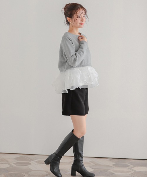 【新品】fitmore オーガンジーフリルレイヤードスウェット ホワイト Fit more トレーナー スウェット オーガンジーフリルレイヤード