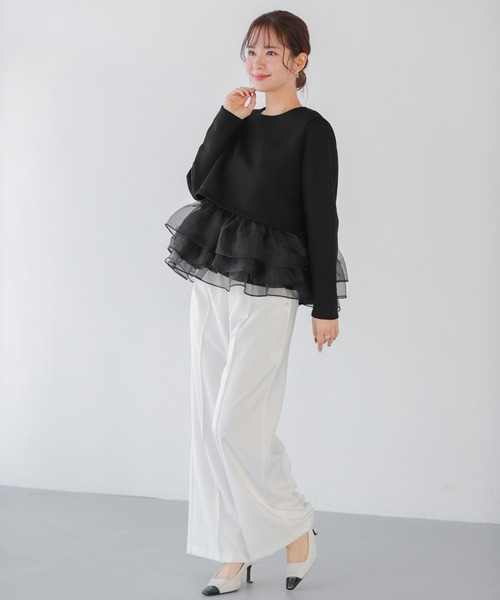 Fit more トレーナー スウェット オーガンジーフリルレイヤード
