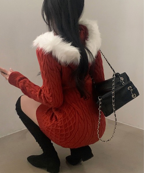 gossip!ロサンゼルス ワンピース Y2K エコファー フード ケーブル