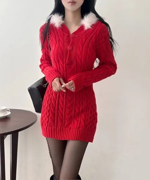 gossip!ロサンゼルス ワンピース Y2K エコファー フード ケーブル