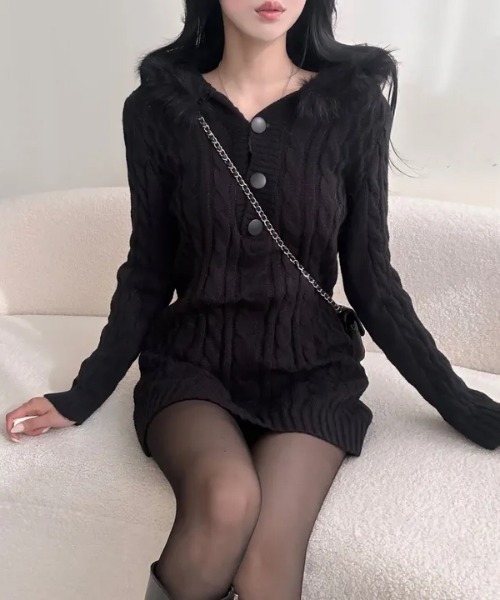 gossip!ロサンゼルス ワンピース Y2K エコファー フード ケーブル